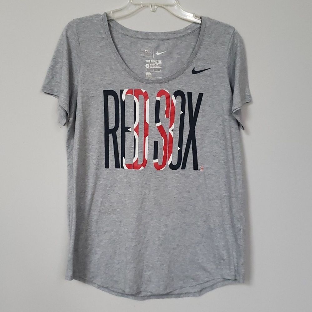 MLB The Nike Tee Boston Red Sox Spell Out Womens L Heather Gray Swoosh Shirt
